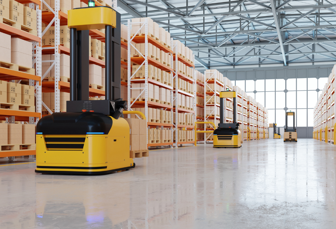 Automated forklifts operating in a warehouse, moving boxes along aisles with robotic precision.