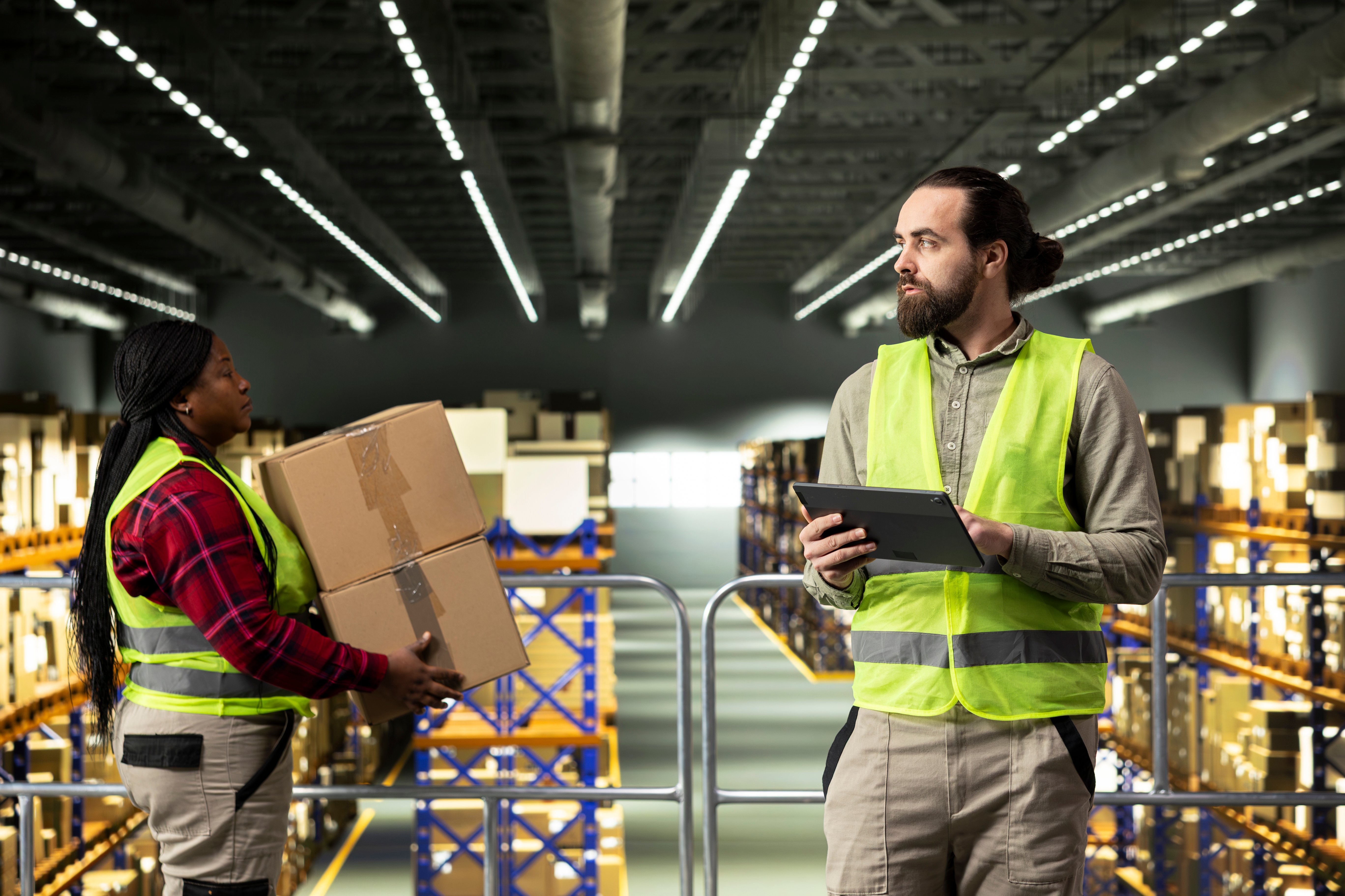 Warehouse worker picking inventory from storage shelves, representing improved warehouse efficiency and faster order fulfilment.